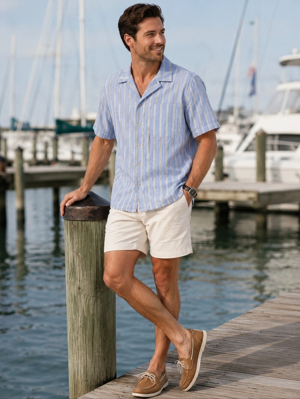 Gap Men’s Medium Textured Coastal Shirt Blue Cream Stripe Cotton Blend